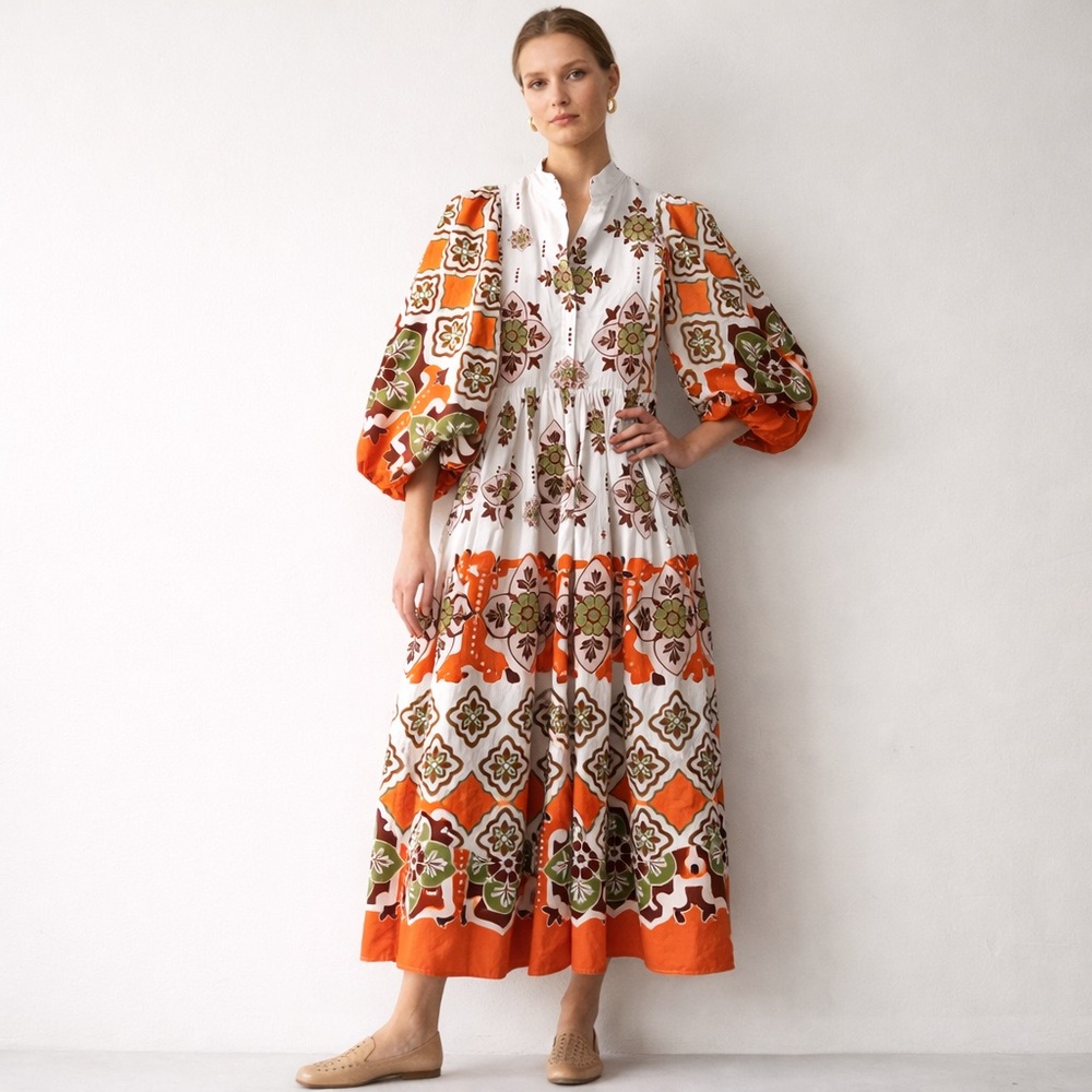 La DoubleJ Portofino Dress XS Partenope 1970s Tile Print Cotton Poplin Midi NWT